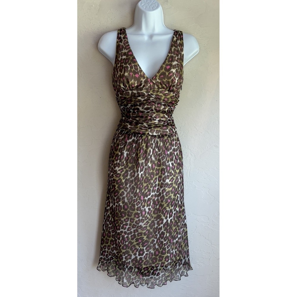 Vintage Y2K Trina Turk 100% Silk Leopard Print Dress 8 Romantic Grunge Indie